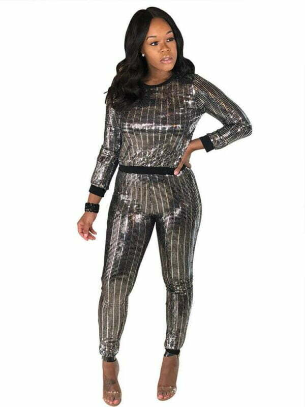 2 Piece Glitter Sequin Metallic Top+Pants Sets - Yeeiy